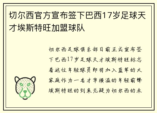 切尔西官方宣布签下巴西17岁足球天才埃斯特旺加盟球队