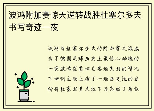 波鸿附加赛惊天逆转战胜杜塞尔多夫书写奇迹一夜