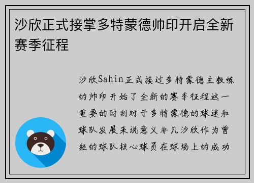 沙欣正式接掌多特蒙德帅印开启全新赛季征程 沙欣正式接掌多特蒙德帅印开启全新赛季征程